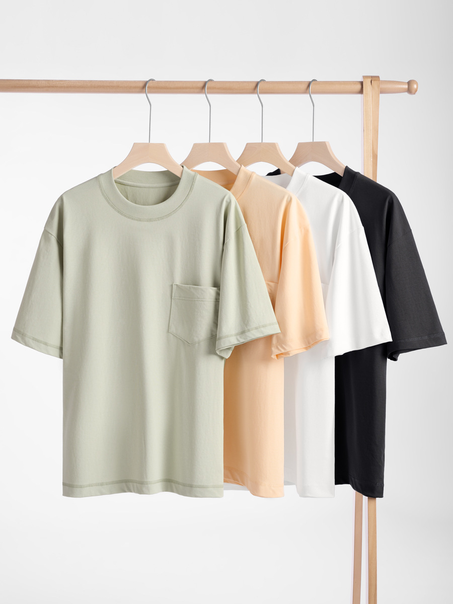 Men's College-Style Solid Color Ice-Feel Cotton T-Shirt - 230g, Loose Fit with Patch Pocket, Casual 3/4 Sleeve Menswear for Cool Comfort -59M