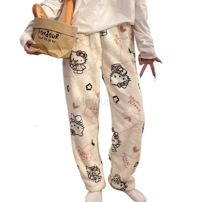Sanrio Hello Kitty printed pattern with flannel sleeping pants for women warm autumn and winter pants home wear casual pants L250925