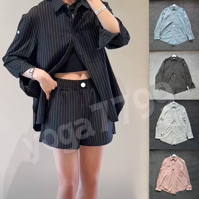 Womens Yoga Sets Oversized Long Sleeve Striped Shirt Casual Shirt and Shorts Set Quick Dry Lightweight Sports Casual Tops Versatile Daily Workout Fitness Outfits