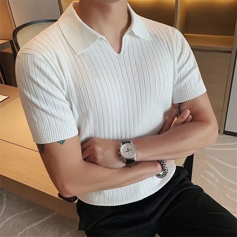 Men's Polos Summer Short Sleeve Fashion Polo Shirts Solid Color All-match Men's Clothing Striped Casual Slim Korean Knitted T-shirts 230325