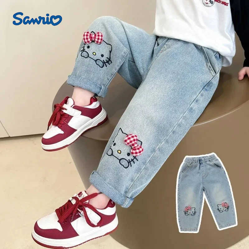 Sanrio Spring Autumn Children Cartoon Hello Kitty Denim Pants Baby Girls Loose Straight Jeans Kids Fashion Casual Trousers for 26Years L250925