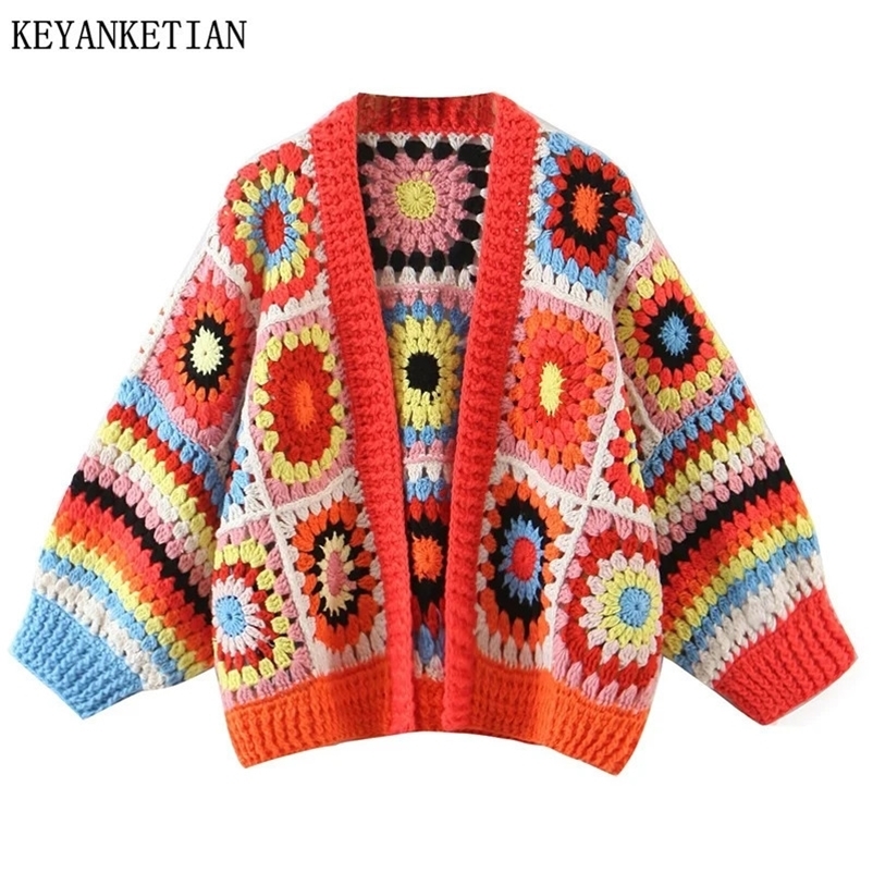 KEYANKETIAN Autumn Hollow Hook Flower Geometric Short Knit Cardigan Women Bohemian Style Thick Line Sweater Buttonless 240717