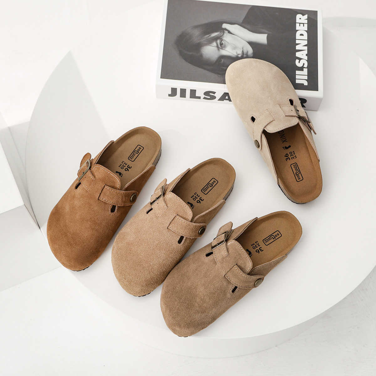 Leather cowhide Birkenstock women's shoes, cork heightening thick-soled slippers, flat-bottom fishing bag-top half-slippers, Japanese-style Birke