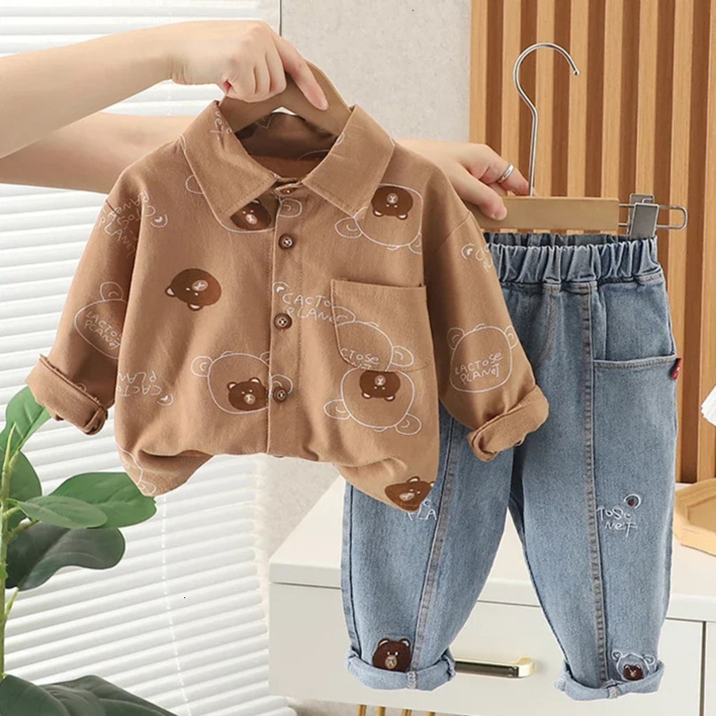 Spring Autumn Boys Clothing Set Full Print Cartoon Bear ShirtJeans 2Pcs Suit For Kids Children Outfit For 1-5 Years Old Kids 250224