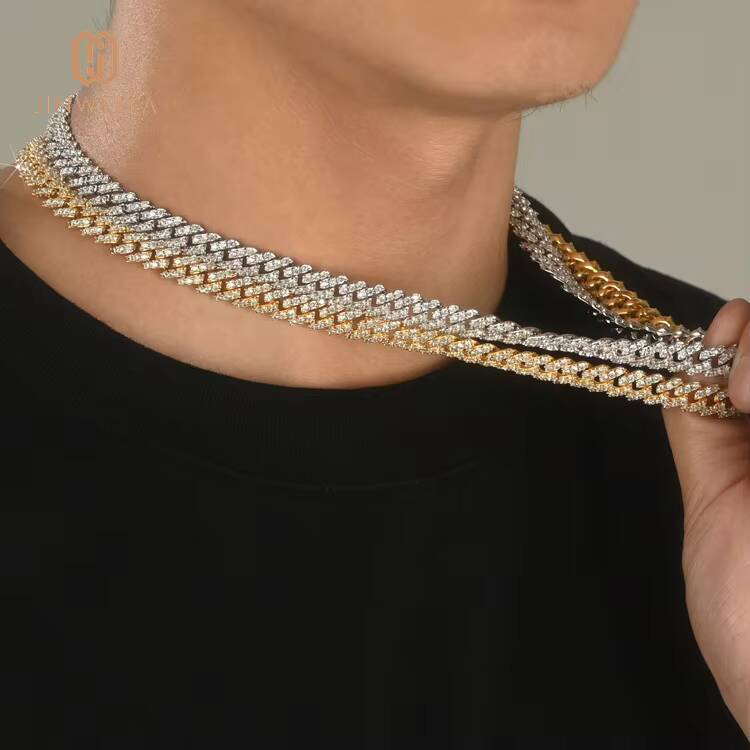 Mens New Design Miami Cuban Necklace 9MM Iced out Chain Gold Plated Hip Hop Necklaces with Moissanite Brass Link Chain for Gift
