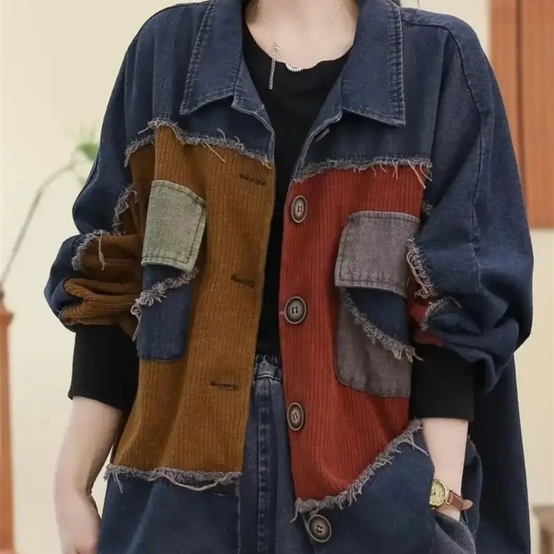 Women's Jackets Autumn Literary Vintage Loose Casual Distress Patch Raw Edge Denim Jacket Women Patchwork Long Sleeves Streetwear Coat 231025