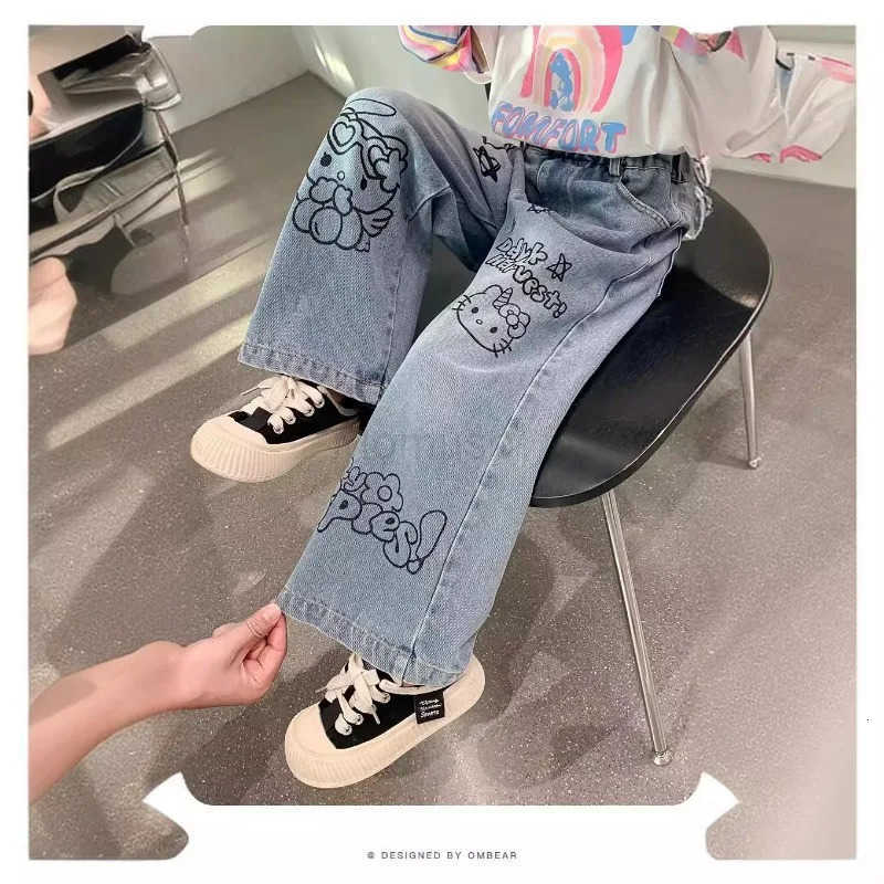 Sanrio Hello Kitty Child Cotton Jeans Loose Wide Leg Pants ChildrensPants Soft Straight Leg Pants Sweet Girls Gift L250925
