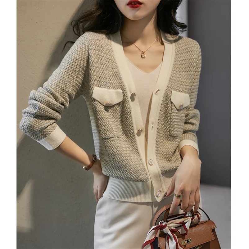 Temperament small fragrant wind cashmere knit cardigan female spring and autumn V-neck jacket loose sweater thin wool coat 240717