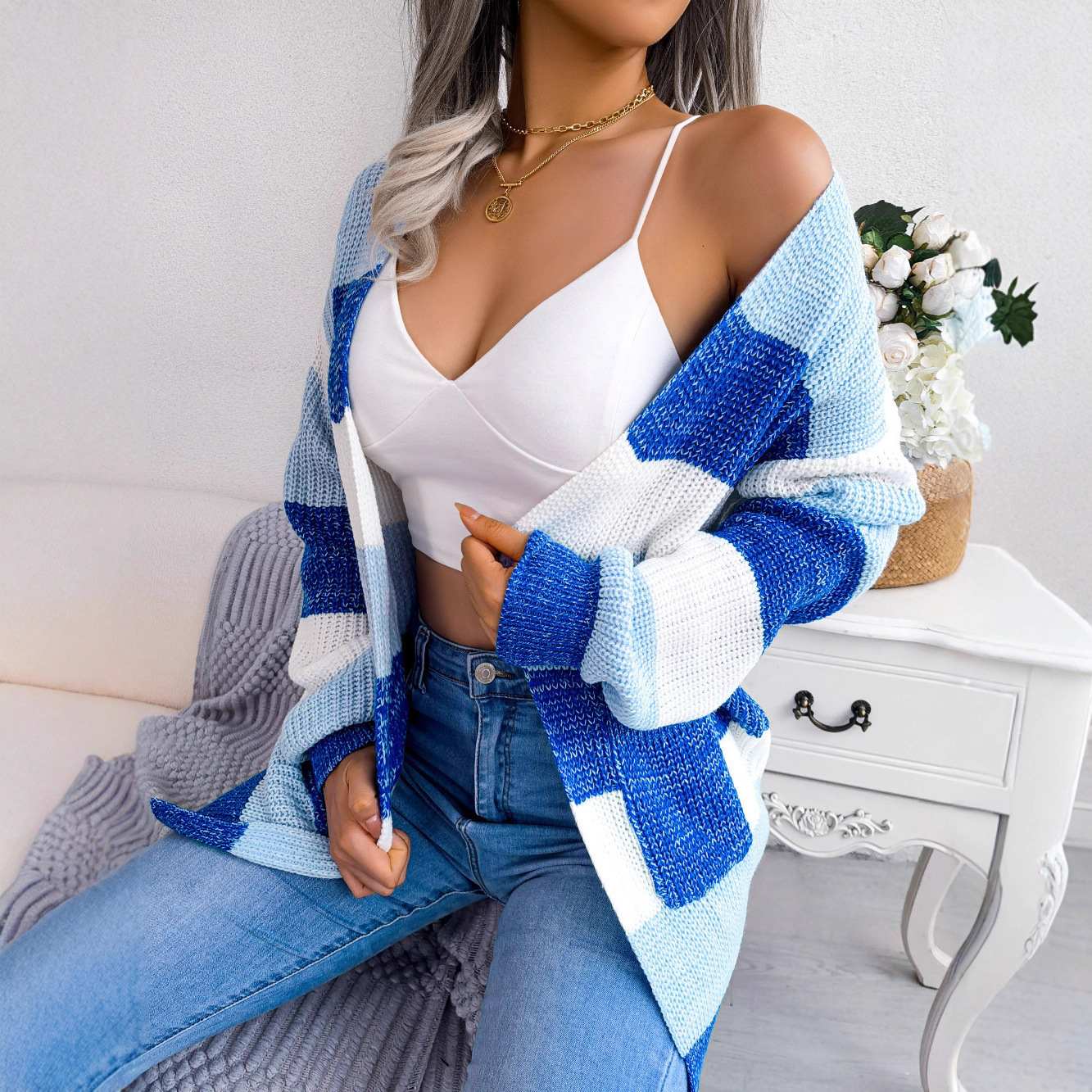 Autumn and Winter Color-Block Striped Lantern Sleeve Casual Cardigan Sweater Jacket Women's Fashion