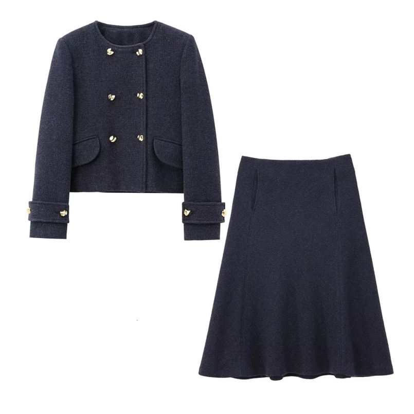 Zach Ailsa womens buckle decoration round neck long sleeved jacket high waisted skirt autumn and winter set 250109