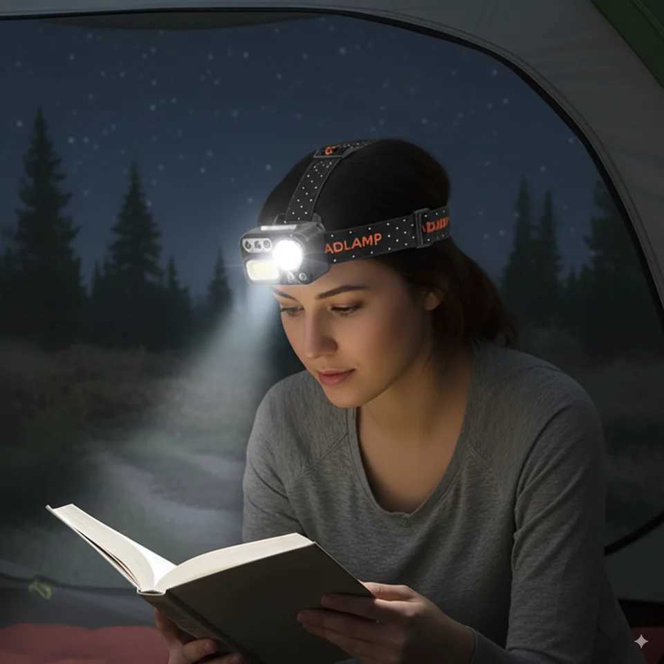 Redgreenwhiteuv 8 Modes Led Headlamp Headlights For Rechargeable Light Night Sensor Flashlight Motion Cob Usb Headlight Front J250925