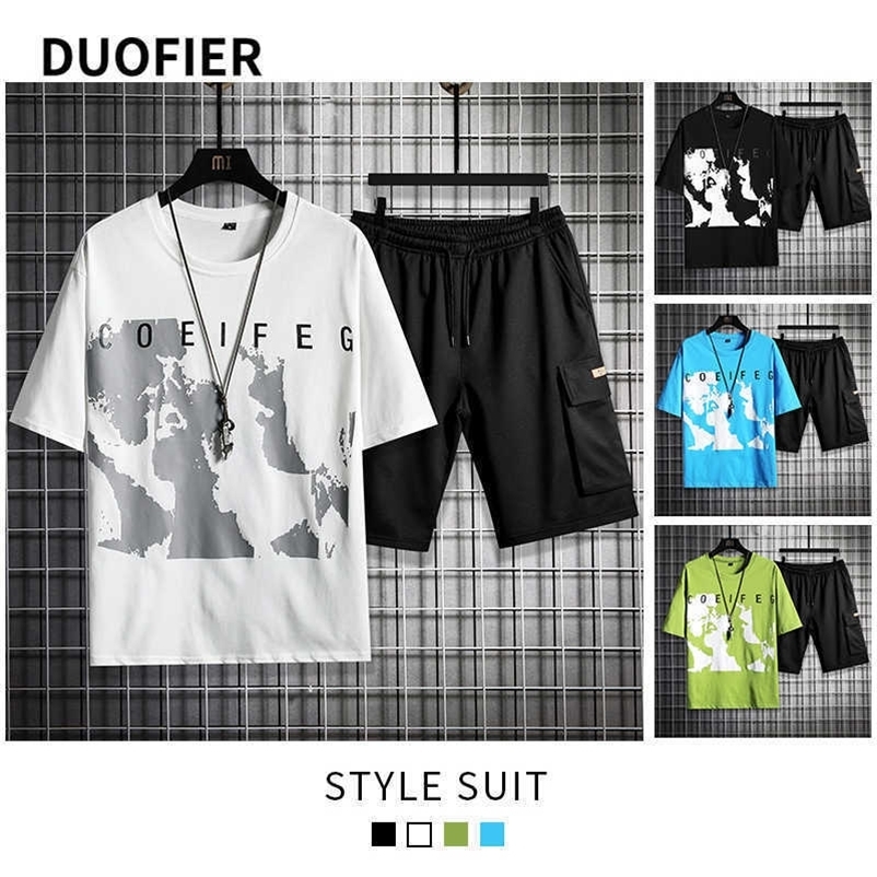 Men's Sets Hip Hop Clothes Streetwear Summer Outfit Male T-shirt + Shorts 2 Pieces Fashion Set Casual Pullover Sports Tracksuits 210603