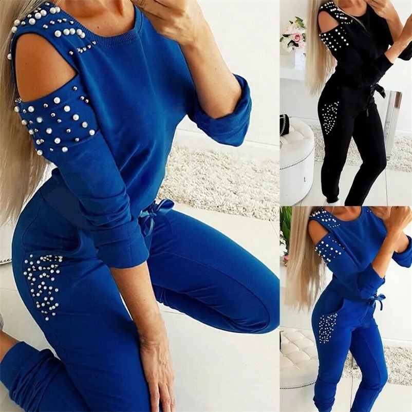 Tracksuit Women Two Piece Set Beading Decor Cold Shoulder Long Sleeve Top Jogger Pants Suit Female Casual Lounge Wear Outfits 240809