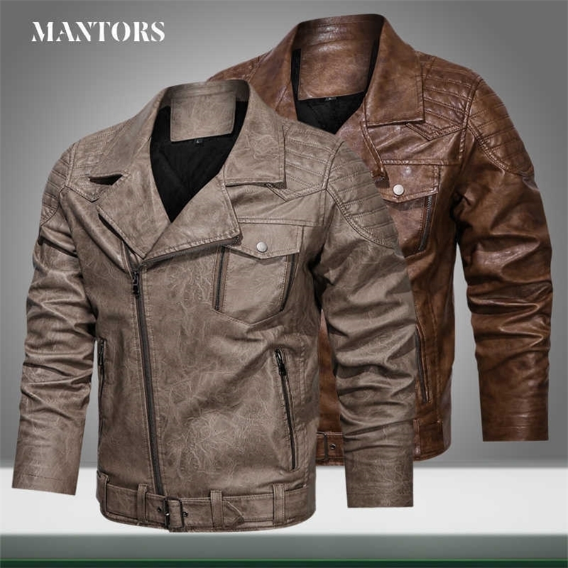Winter Men Leather Jackets Zipper Solid Color Coat Warm Fleece Biker Motorcycle Male PU Leather Jacket Multi-pocket 211018