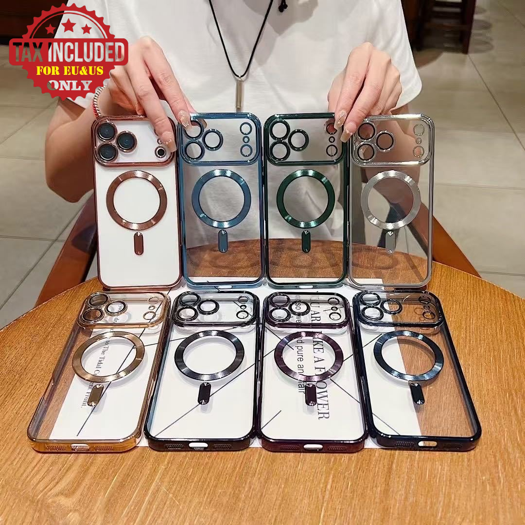 For iPhone 17 Air 15 Pro Max Case Magnetic Clear Case 16 13 14 Mini Luxury Plating Bling Transparent Shockproof MagSafe Case with Full Camera Lens Protector