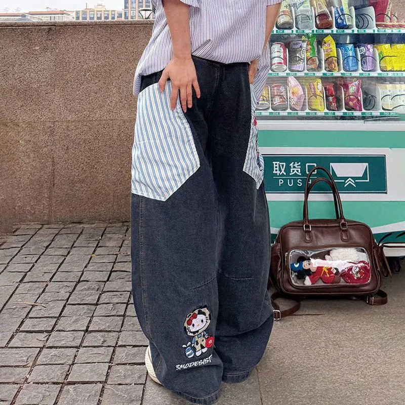 Sanrio Cartoon Hello Kittys Embroidery Jeans Y2K Womens Version Streetwear Jeans Fashion Printing Retro Wide Leg Pants Girls L250925