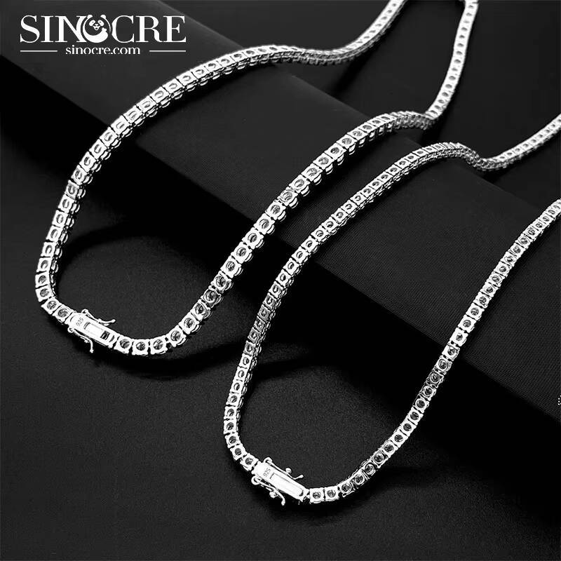 Moissanite Tennis Necklace 4Mm FaMoissaniteory Sinocre S925 Sterling 18K Gold Plated