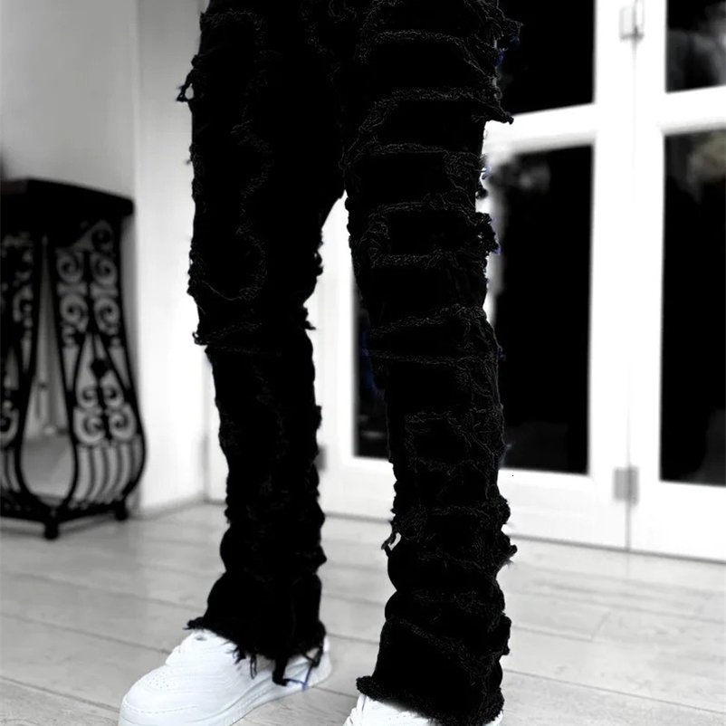 Spring Autumn Individual Patched Black Pants Long Tight Fit Stacked Jeans For Men 250118