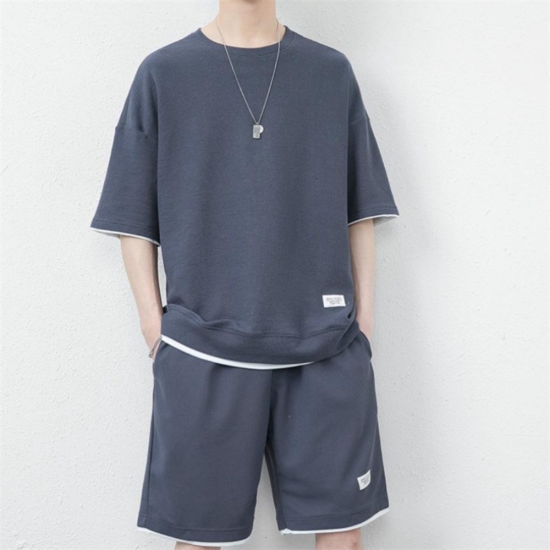 Men's Tracksuits Waffle 2 Piece Men T-Shirt Shorts Sets Summer Tracksuit Fashion Clothing Harajuku Style Casual Korean Loose Sweatsuit 5 Colors 2