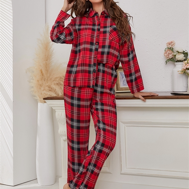 Women's Sleepwear Red Plaid Women's Pajamas 2 Pieces Sleepwear Tops Pants Autumn Winter Pijamas HomeWear Clothes Front Button With Chest Poc