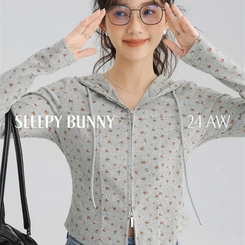 Vintage Floral Double Zipper HoodieWomen Slim Fit Casual Long Sleeve SweatshirtKorean Style Soft Cozy 2025 Autumn Fashion 250206