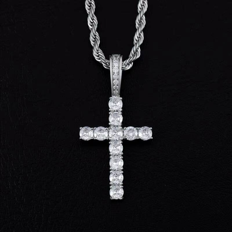 JWY 925 Sterling Silver Cross Pendant Necklace Fashion Jewelry with Moissanite for Childrens Hip Hop Iced Out Style