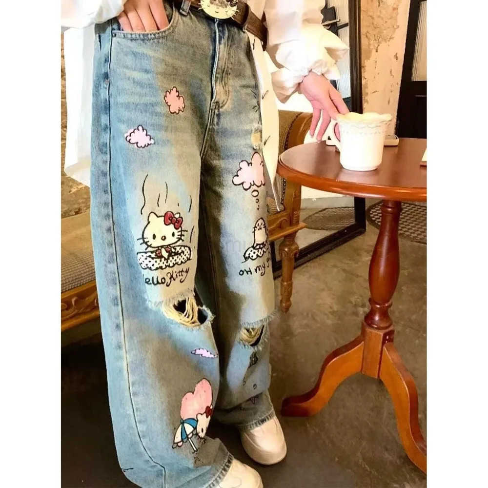 Sanrio Kawaii HelloKitty Streetwear Jeans Woman Hip Hop Style Distressed Washed Ripped Design Loose Fit Oversized Wide Leg Pants L250925