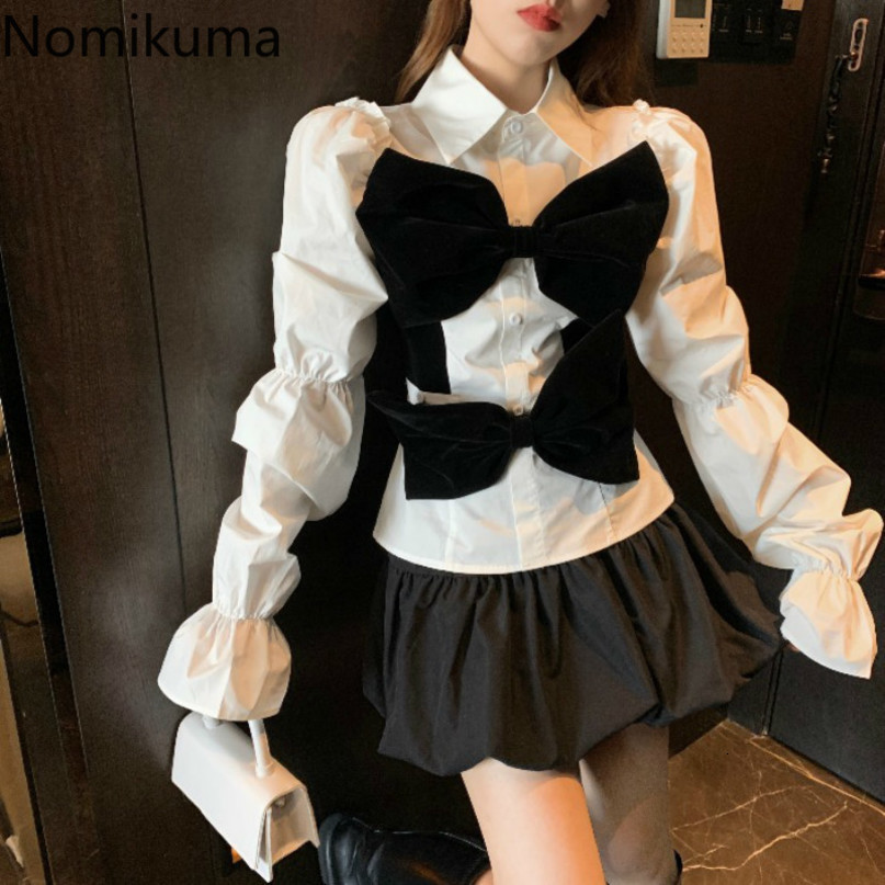 Nomikuma Velour Bowknot Patchwork Women Blouse Sweet Pleated Puff Long Sleeve Shirt Spring New Korean Blusas Mujer 6D812 210427