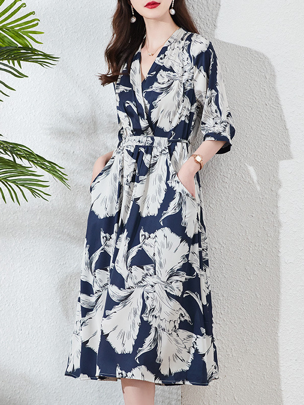 LW13030 Spring and summer new silk dress women's medium-length large size young temperament
