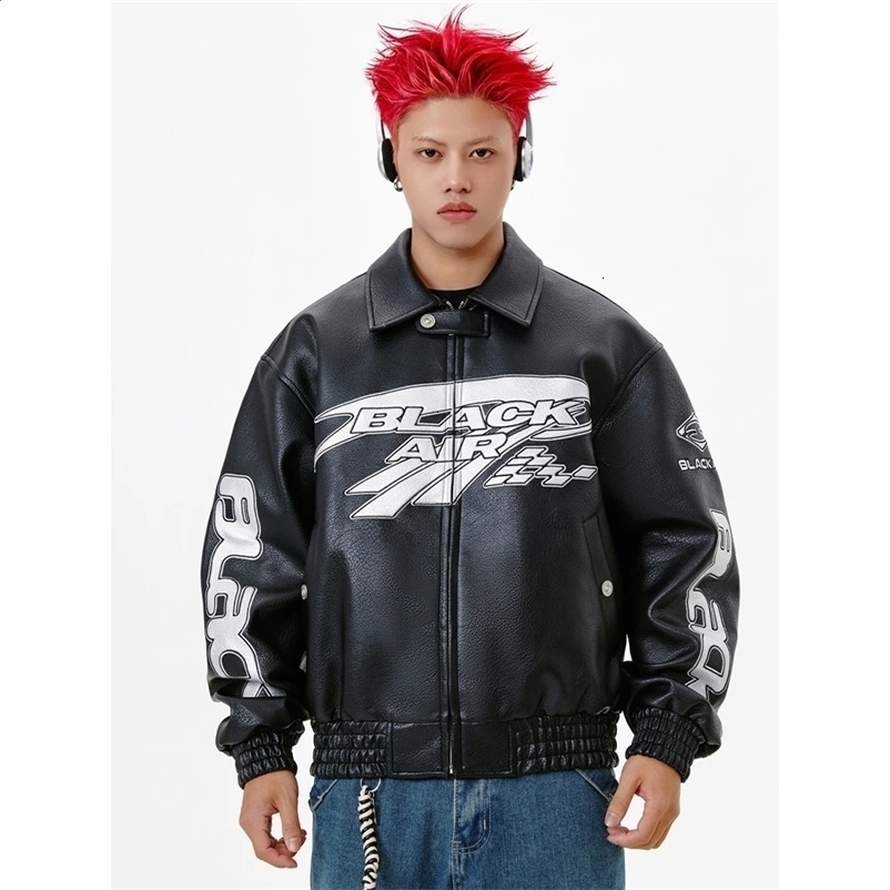 BlackAir Embroidered Racing Leather Jacket Hip Hop Motorcycle and Bicycle Y2k Clothing 230712 240918