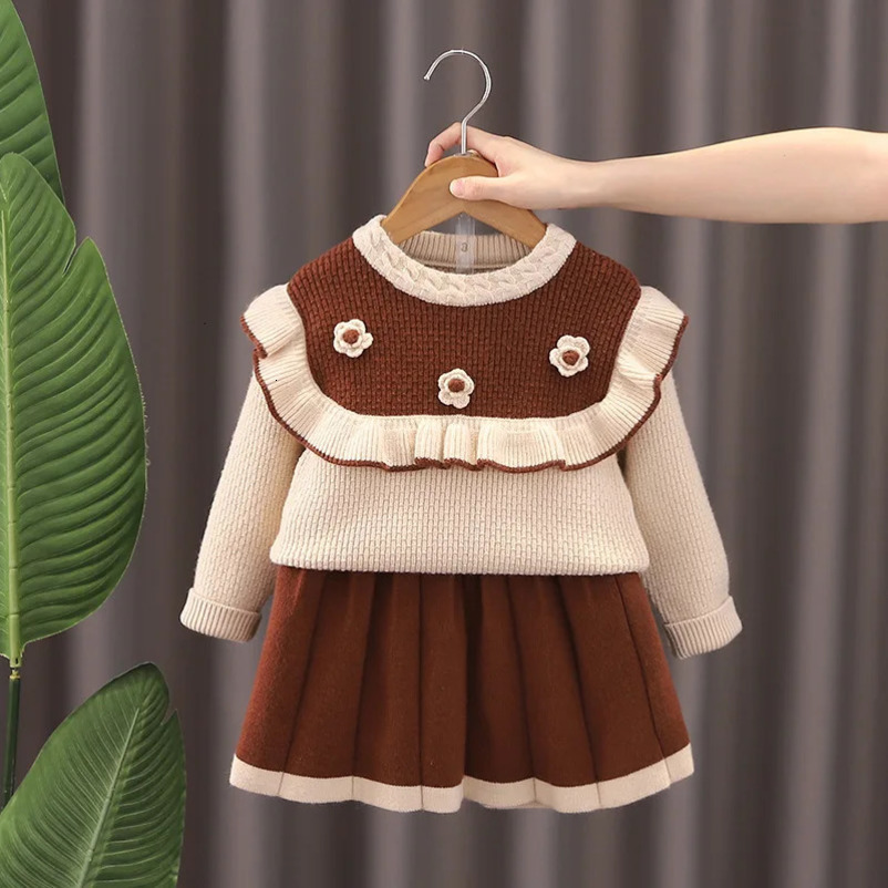 Autumn Winter Toddler Girls Clothes Set 3D Flower Lace Kids Girls Sweater Color Contrast Knitted 1-6Y Girls Pleated Skirt Outfit 241219