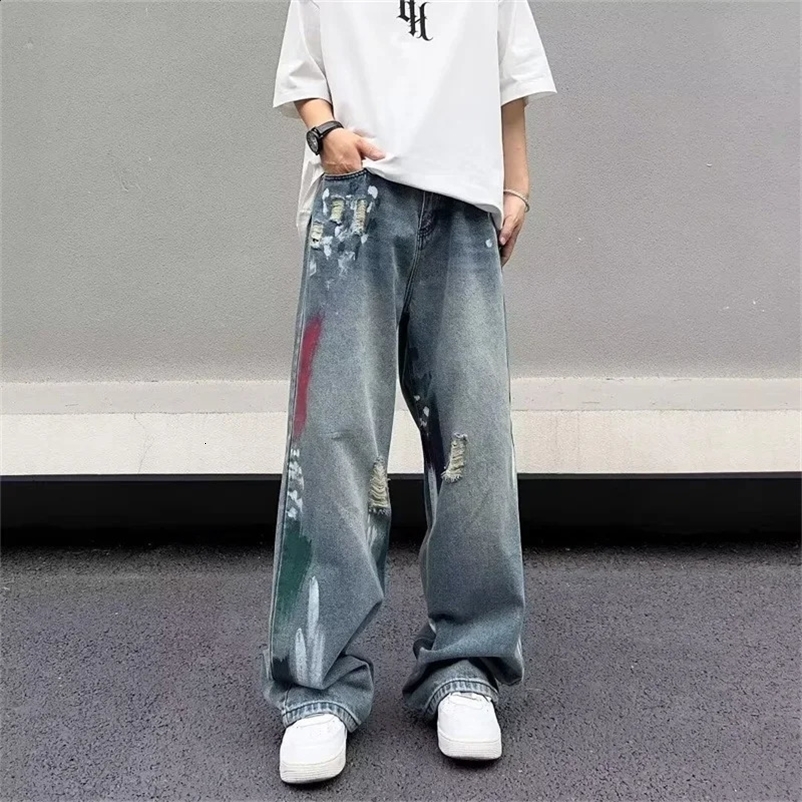 Autumn mens graffiti Y2K streetwear bag jeans hip-hop fashion tear blue jeans Trouser punk straight jeans pantalones hombre 241203