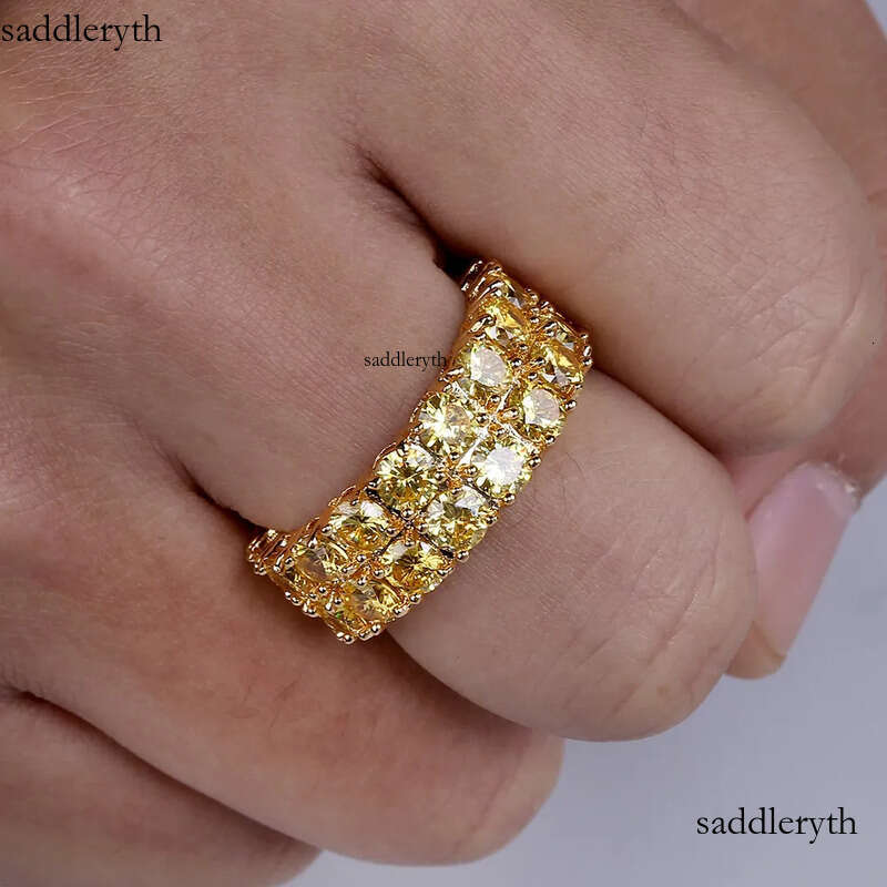 Design Color Mens Ring Micro Pave 2 Row Chain Big 3A Gold Zircon Shiny Hip Hop Finger Rings For Men Women Jewelry 3b 79 ee