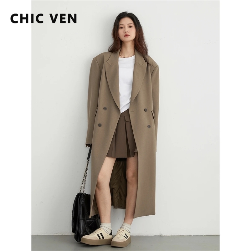 CHIC VEN Womens Trench Coat Korean Double Breasted Long Jackets Korean Fashion Soild Office Lady Overcoats Spring Autumn 240716