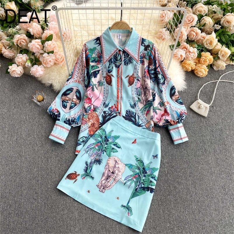 DEAT Spring Lapel Bubble Sleeve Shirt High Waist Slim Skirt With Elastic Waist Vintage Print Two Piece Set MZ132 210708