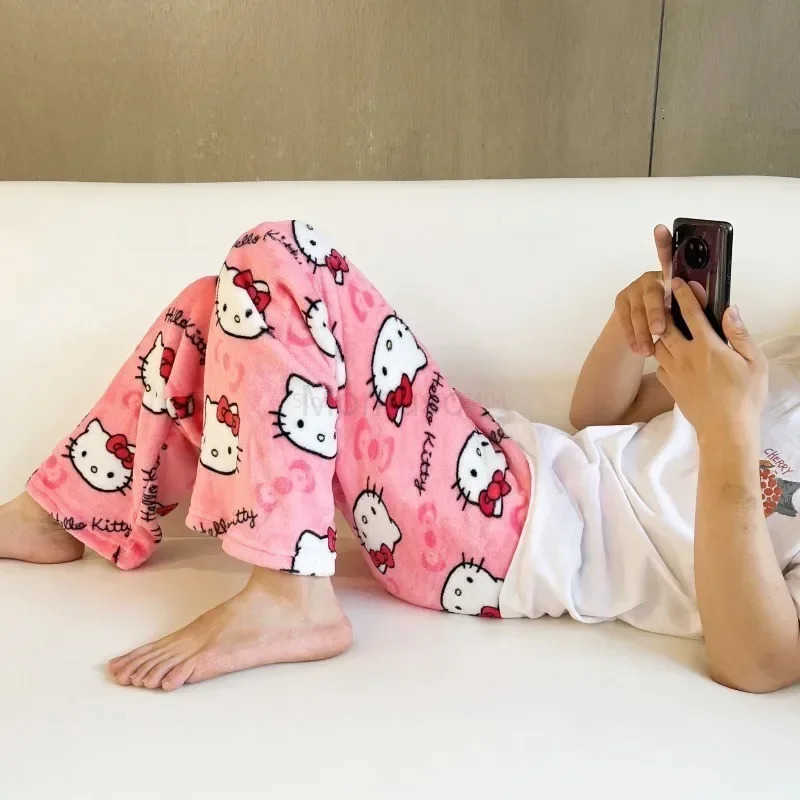 Sanrio 2024 Hello Kitty Pajamas Halloween Flannel Fashion Trouserswomen Kawaii Woolen Anime Cartoon Casual Home Pants Autumn L250925