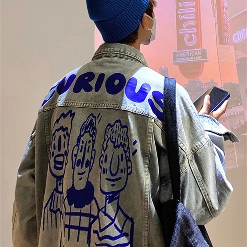 Men Vintage Cartoon Printed Denim Jacket Top Cute Spring Autumn Chic Male Unisex Loose Jeans Coat Casual Overcoat Outerwear 240319