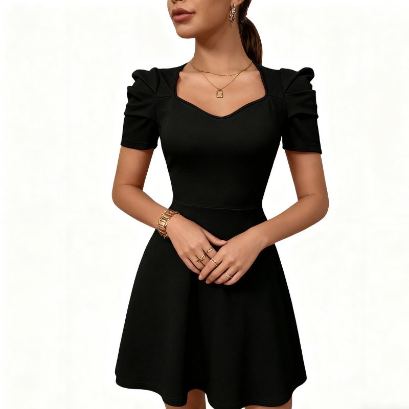 Women's Elegant Milk Silk Short Dress, Black Puff - Sleeve Waist - Cinched Dress for Party & Date-sz25144