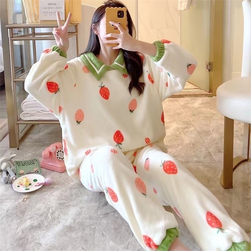 Women's Sleepwear SP CITY Winter Coral Velvet Pajamas Women's Cartoon Patterned Lovely Pajamas Set Thickened Warm Student Home Clothes Sleep