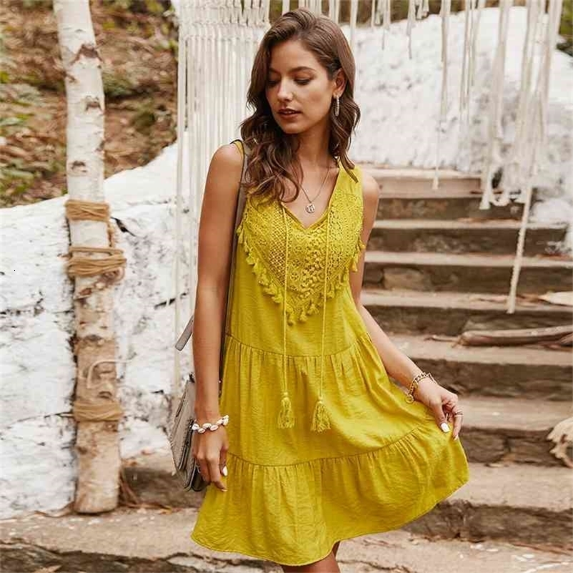 Summer Dresses Women Elegant Sexy V-Neck Casual Boho Sleeveless Dress Vintage Yellow Beach Lace-Up Sundress Female Clothes 210630