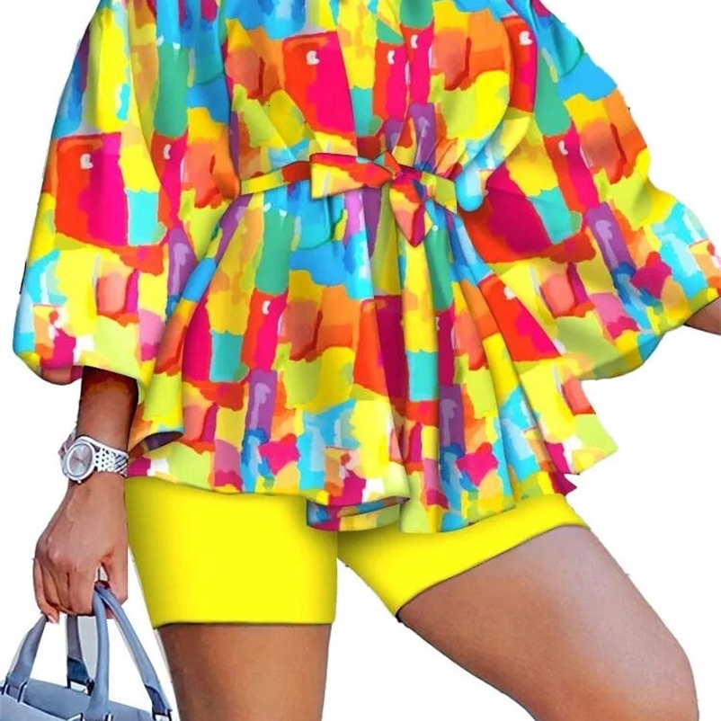Szkzk Sexy printing two piece set Women off the shoulder lacing belt top and shorts Nightclub Party Costume yellow blue Sets 240530