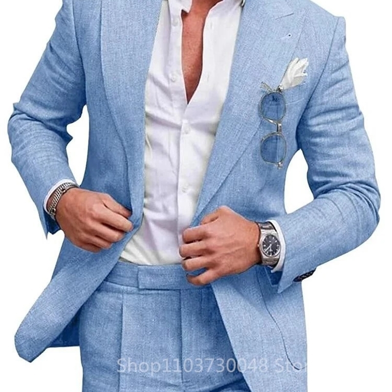 Light Blue/Beige Linen Wedding Men Suit Casual Single Breasted Slim Fit Blazer Pants High Quality Summer 2 Piece Costume Homme 250516