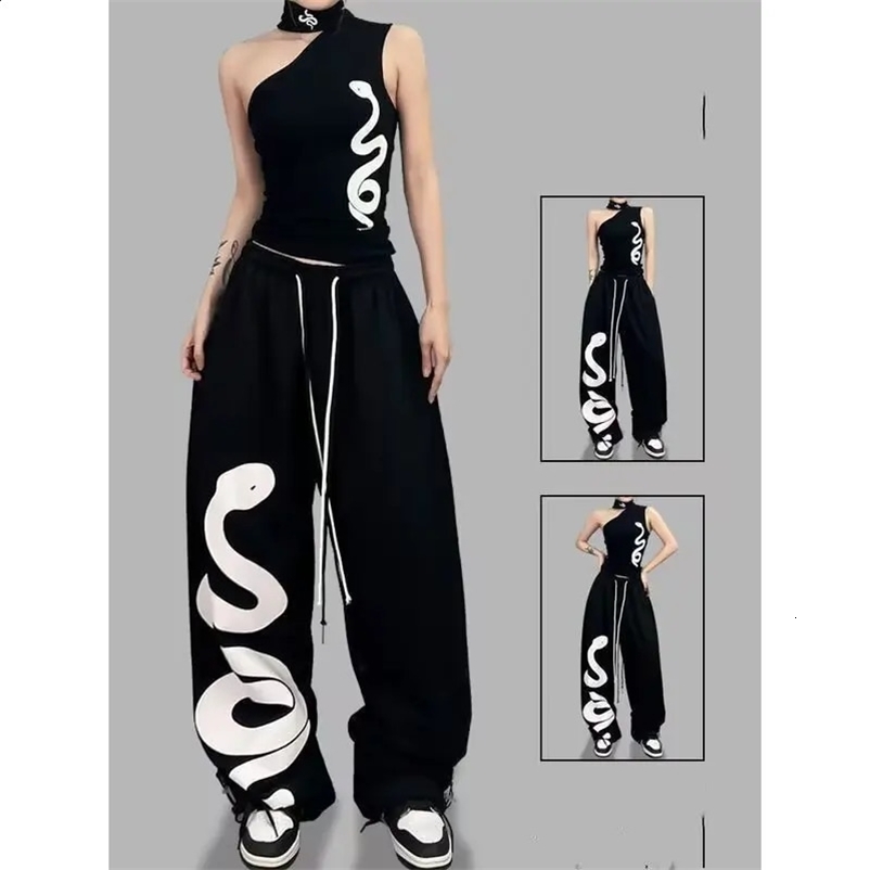 Y2K Street Dance Womens Black Hip Hop Loose Waist Large Print Graffiti Pants Street Jazz Dance Pants 250314
