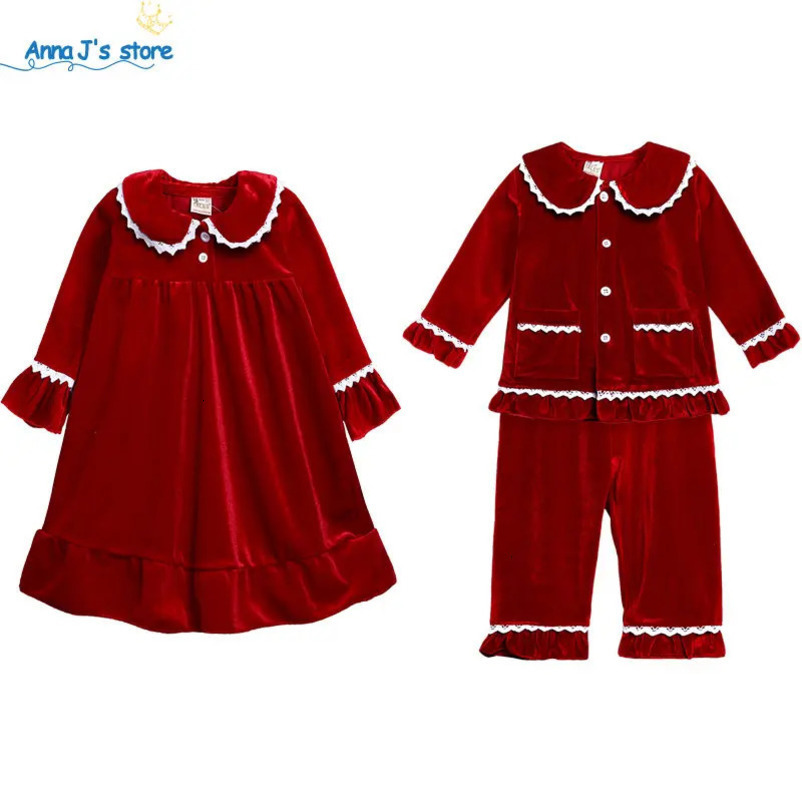 Winter basic Christmas matching family pajamas set pajamas childrens pajamas red velvet lace childrens clothing 241118