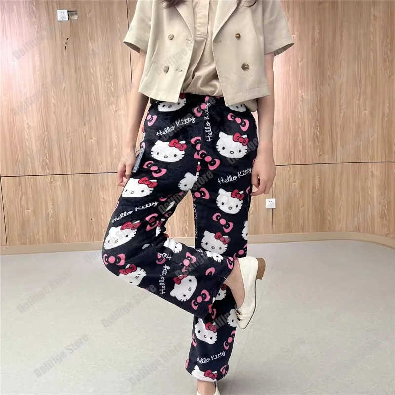 Sanrio Anime Hello Kitty Pajama Pants Fleece Double Elastic Fabric Soft Trousers Fashion Women Trousers Cute Cartoon Girl Gifts L250925