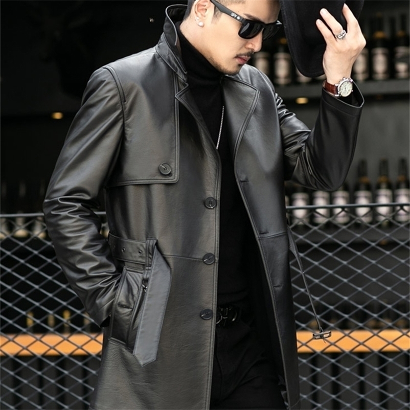 Men's Leather Faux Leather Mauroicardi Autumn Black Leather Trench Coat Long Sleeve Belt Single Breasted Plus Size Men Fashion Clothes 3xl 4xl 5x