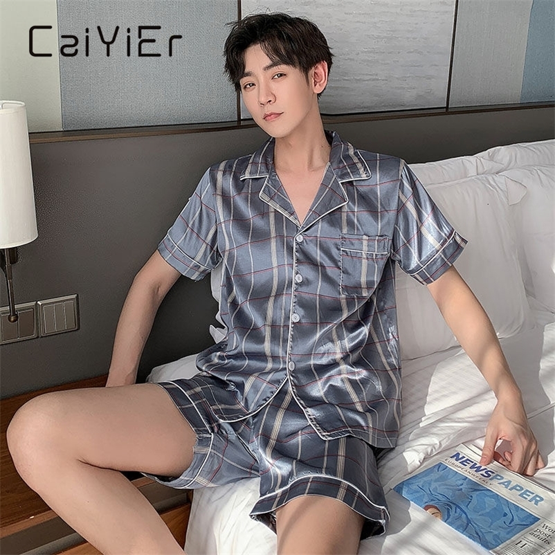 Men's Sleepwear CAIYIER Plus Size 4XL 5XL Men's Pajamas Summer Satin Silk Sleepwear Set Short Sleeve Shorts Boy Leisure Pajama Sets Grid Pri