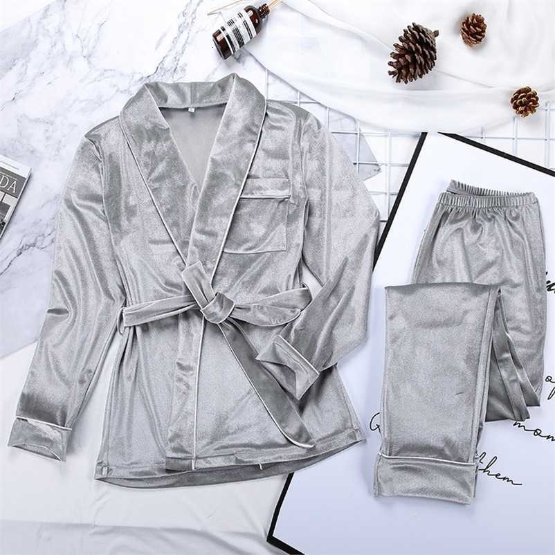 Velvet Warm Pajamas For Women Robes And Pants Solid Pocket Long Sleeve Thick Home Wear Autumn Night Suit Winter Casual 211007