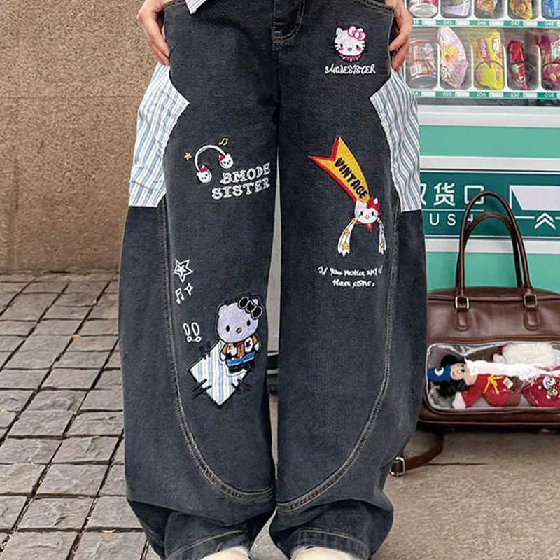 Sanrio Cartoon Hello Kittys Embroidery Jeans Y2K Womens Version Streetwear Jeans Fashion Printing Retro Wide Leg Pants Girls L250925