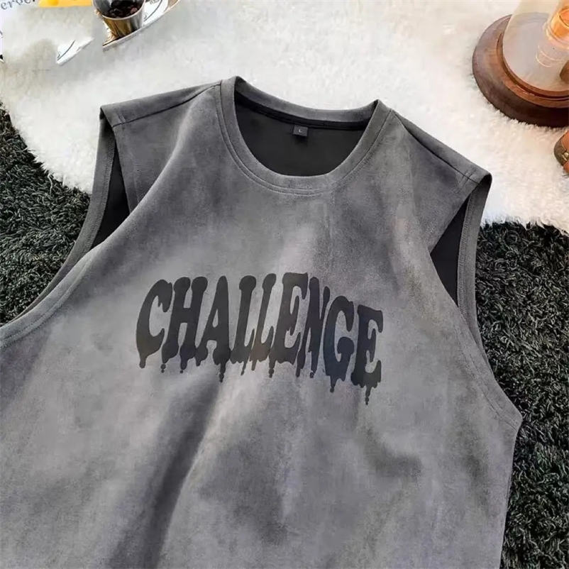 Suede heavy vest men summer American retro sleeveless t-shirt loose all match sports student top trend y2k tops mens clothing 240703